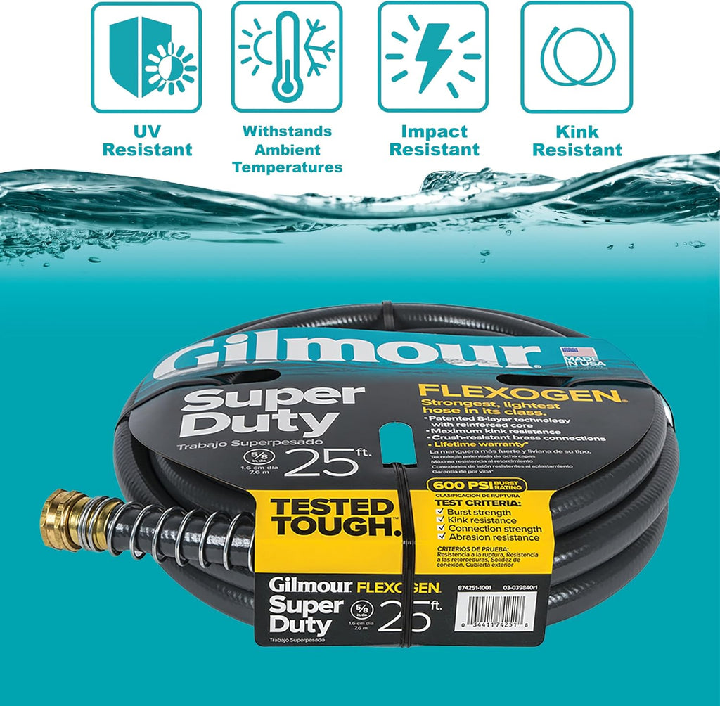Gilmour Flexogen 5/8 in x 25 ft Garden Hose, Heavy Duty Water Hose, Flexible and Kink Resistant Outdoor Hose | 8-layer