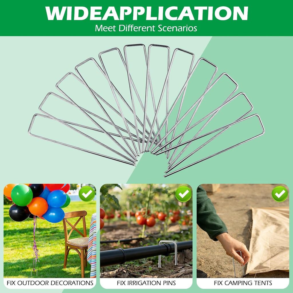 100 Pack Landscape Staples and 100 Pack Gaskets,11 Gauge 12" Galvanized Steel Garden Staples with Black Pads Turf