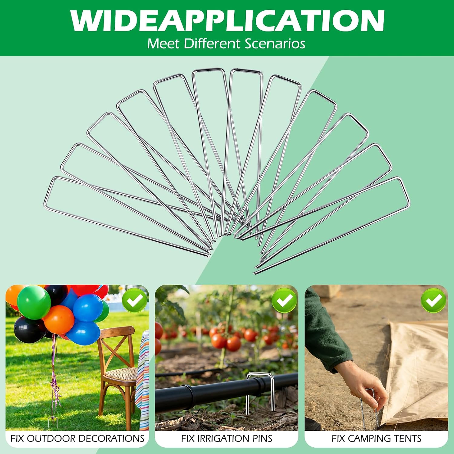 100 Pack Landscape Staples and 100 Pack Gaskets,11 Gauge 12" Galvanized Steel Garden Staples with Black Pads Turf