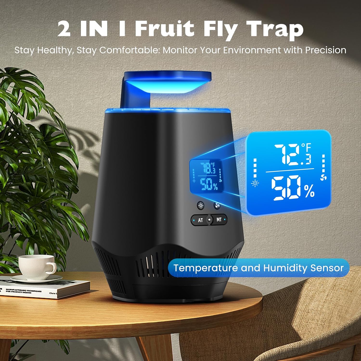 Fruit Fly Traps for Indoors, Smart Fly Trap Indoor Bug Zapper Gnat Traps for House Indoor with Temperature and Humidity