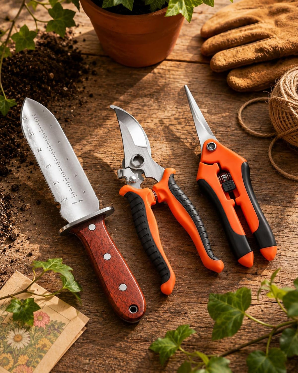 Puctsone 3PCS Gardening Knife Set, Garden Weeding Tool | Hori Hori Knife with Sheath, Bypass Pruning Shears & Long Nose