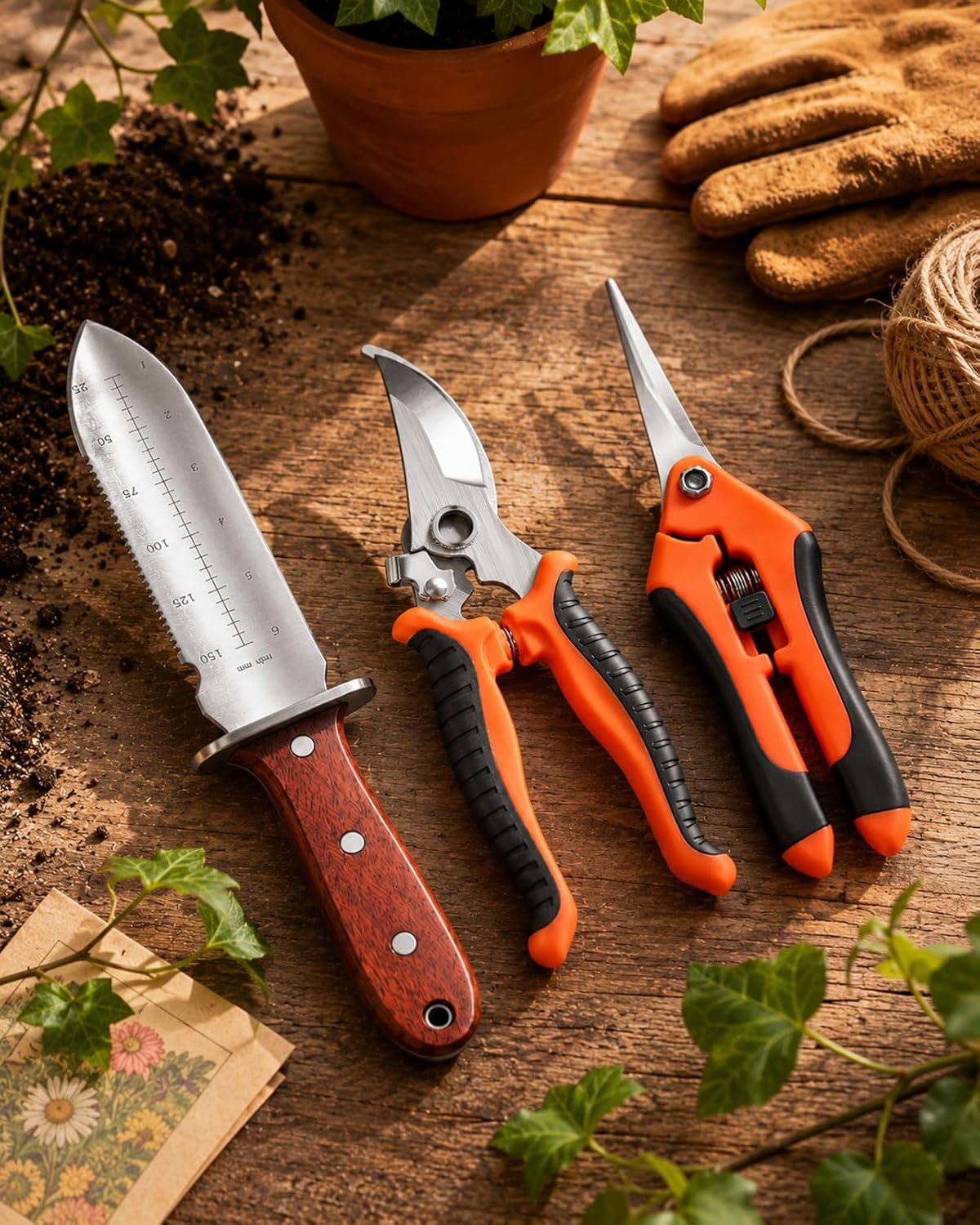 Puctsone 3PCS Gardening Knife Set, Garden Weeding Tool | Hori Hori Knife with Sheath, Bypass Pruning Shears & Long Nose