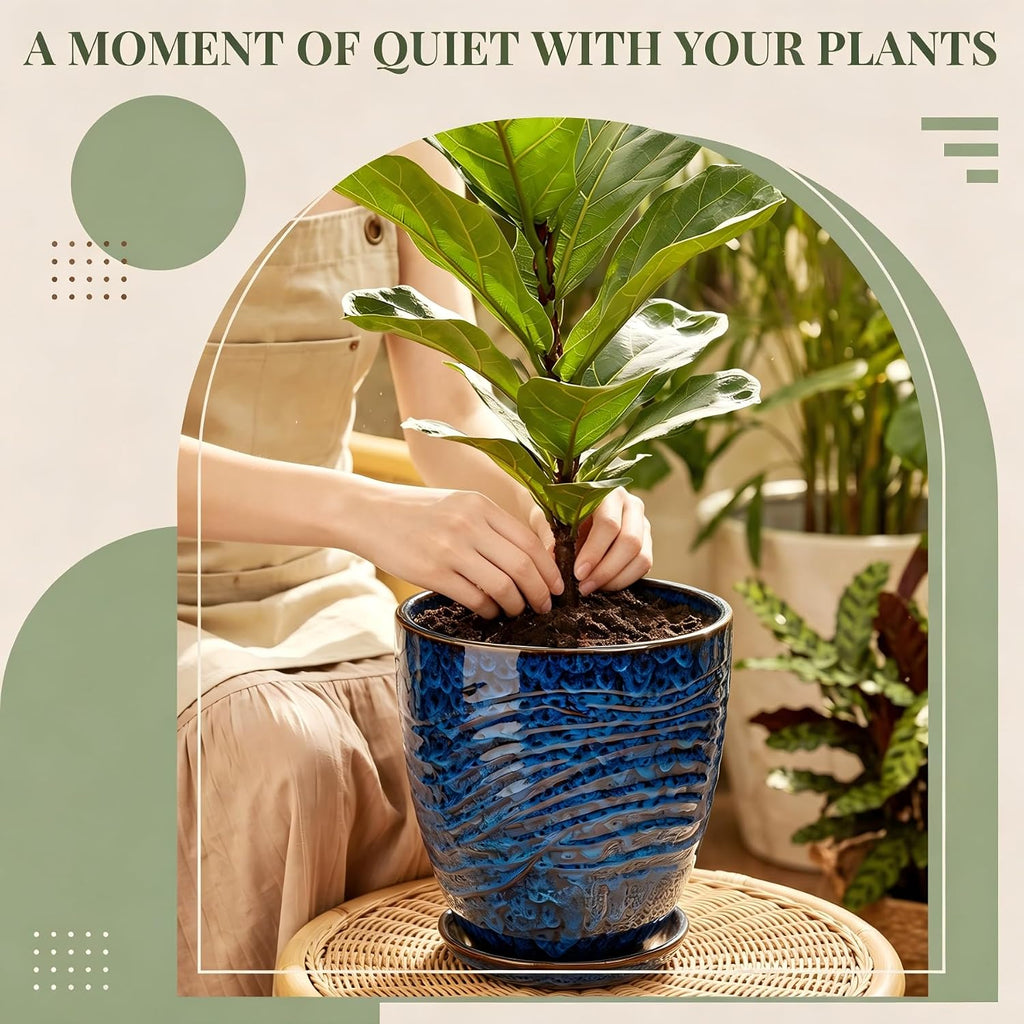 11.8 Inch Modern Ceramic Plant Pot with Saucer, Flower Pot with Drainage Hole Mesh Net,Indoor Outdoor Planter (Speckle