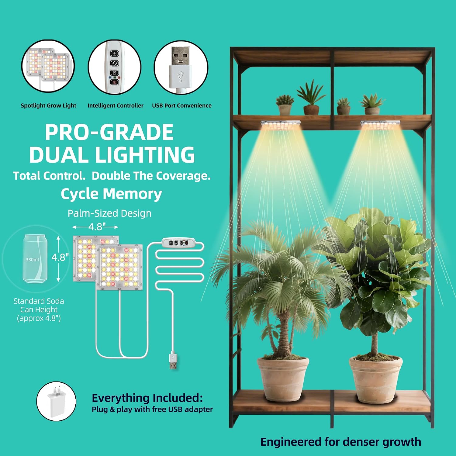 Dual Head Under Shelf Grow Light, Stick On LED Shelf Plant Light with Timer | Dual Head Under Cabinet Grow Light, Full