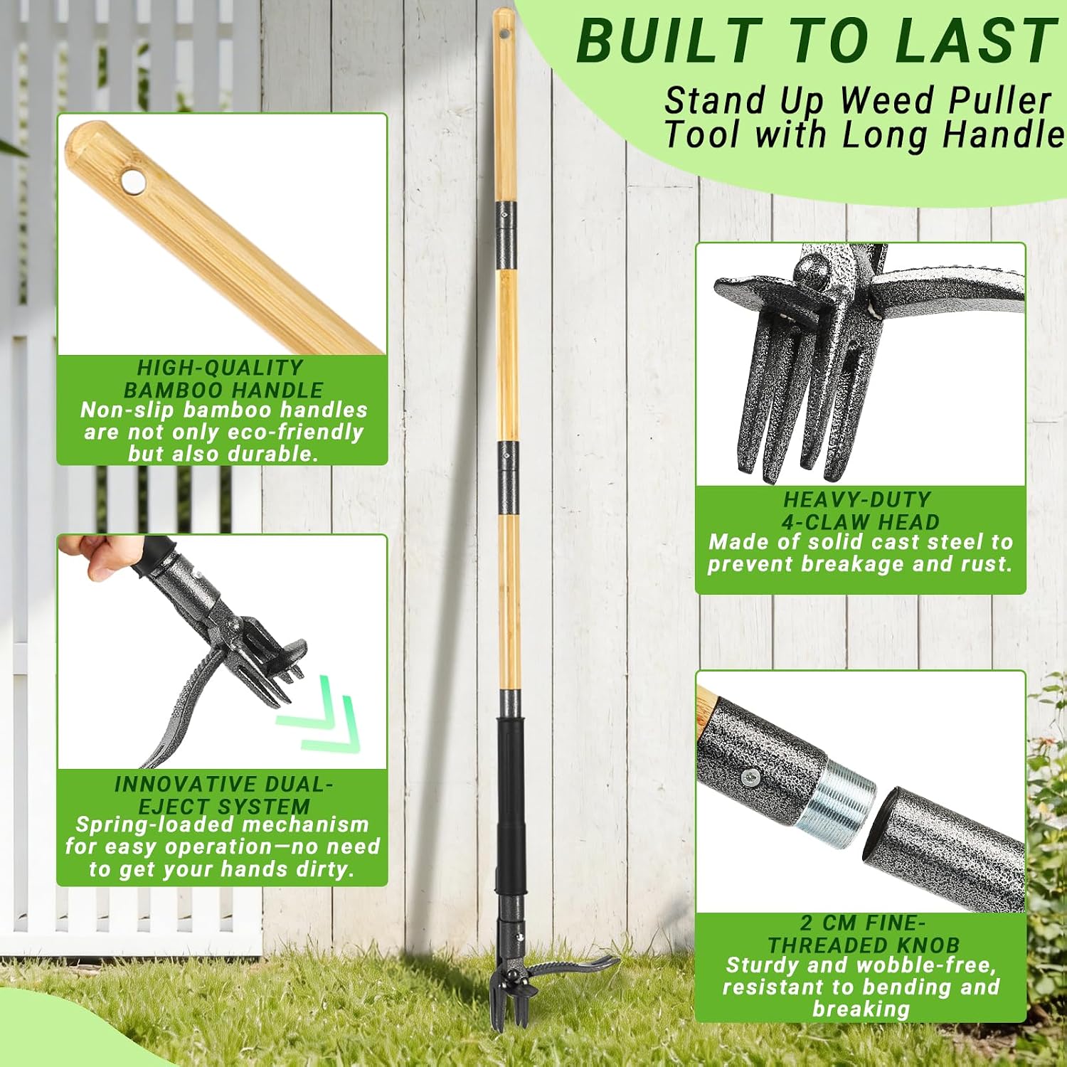 Weed Puller Tool for Garden Lawn Yard, 57.5" | Includes 16 Gallon Leaf Bag, Dual-Eject Mechanism, 4-Claw Steel Head