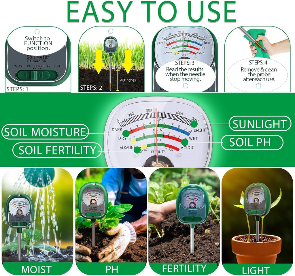 Soil Tester, Soil Moisture Meter/Soil pH Meter/Sun-Light/Fertility for Gardening, Large Dial Soil pH Tester Plant Water