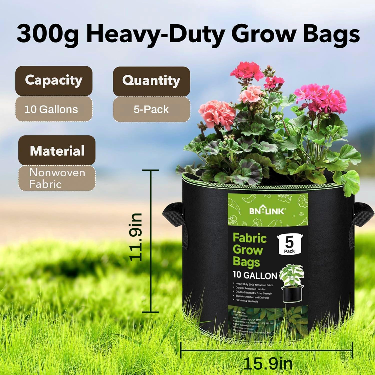 BN-LINK 5-Pack 10 Gallon Grow Bags, Heavy Duty Aeration Fabric Pots with Handles, Thickened Nonwoven Plant Bags for