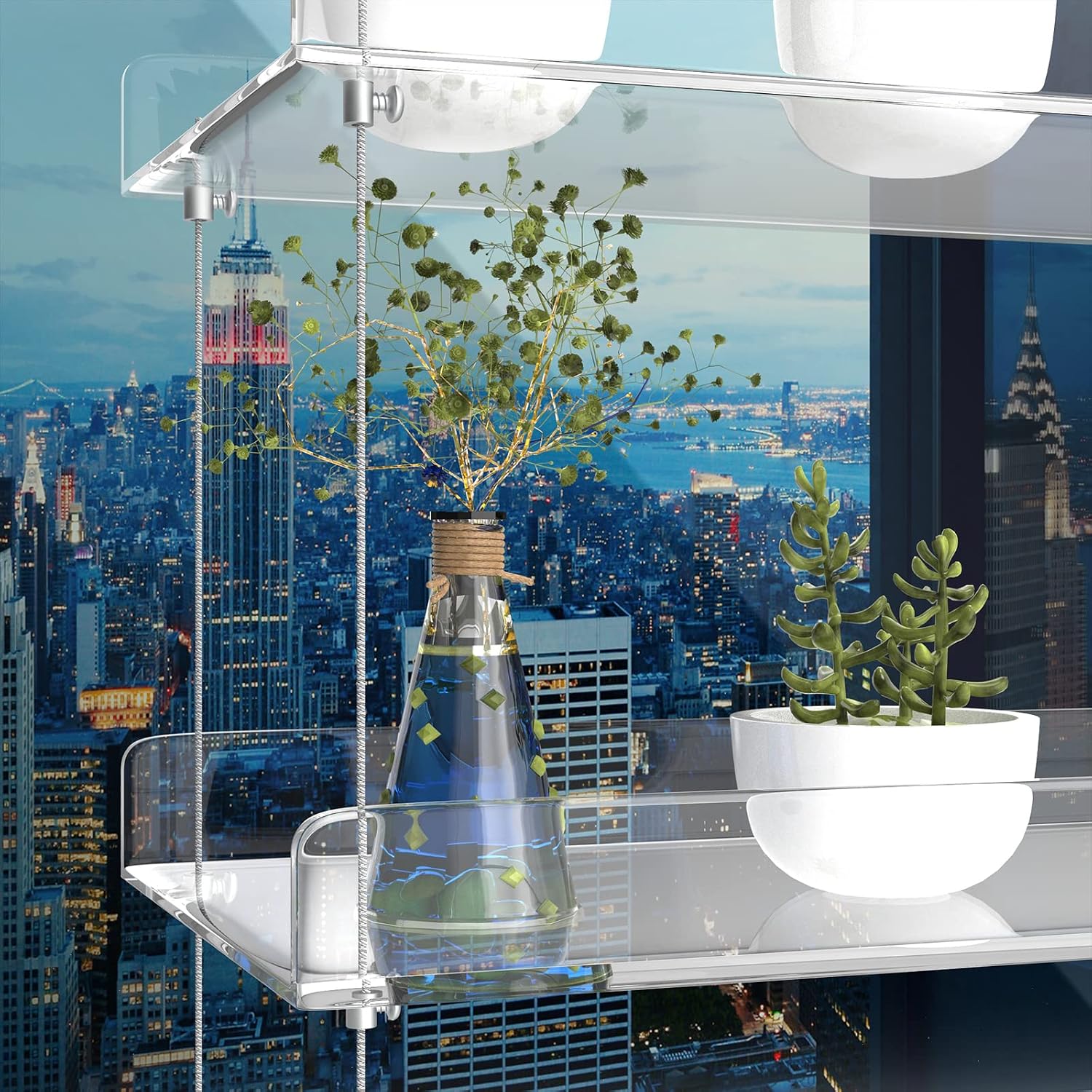 4-Tier Floating Acrylic Plant Shelf – Each Tier 16 Inch Long | Height Adjustable for Indoor Garden, Ideal for Herbs &