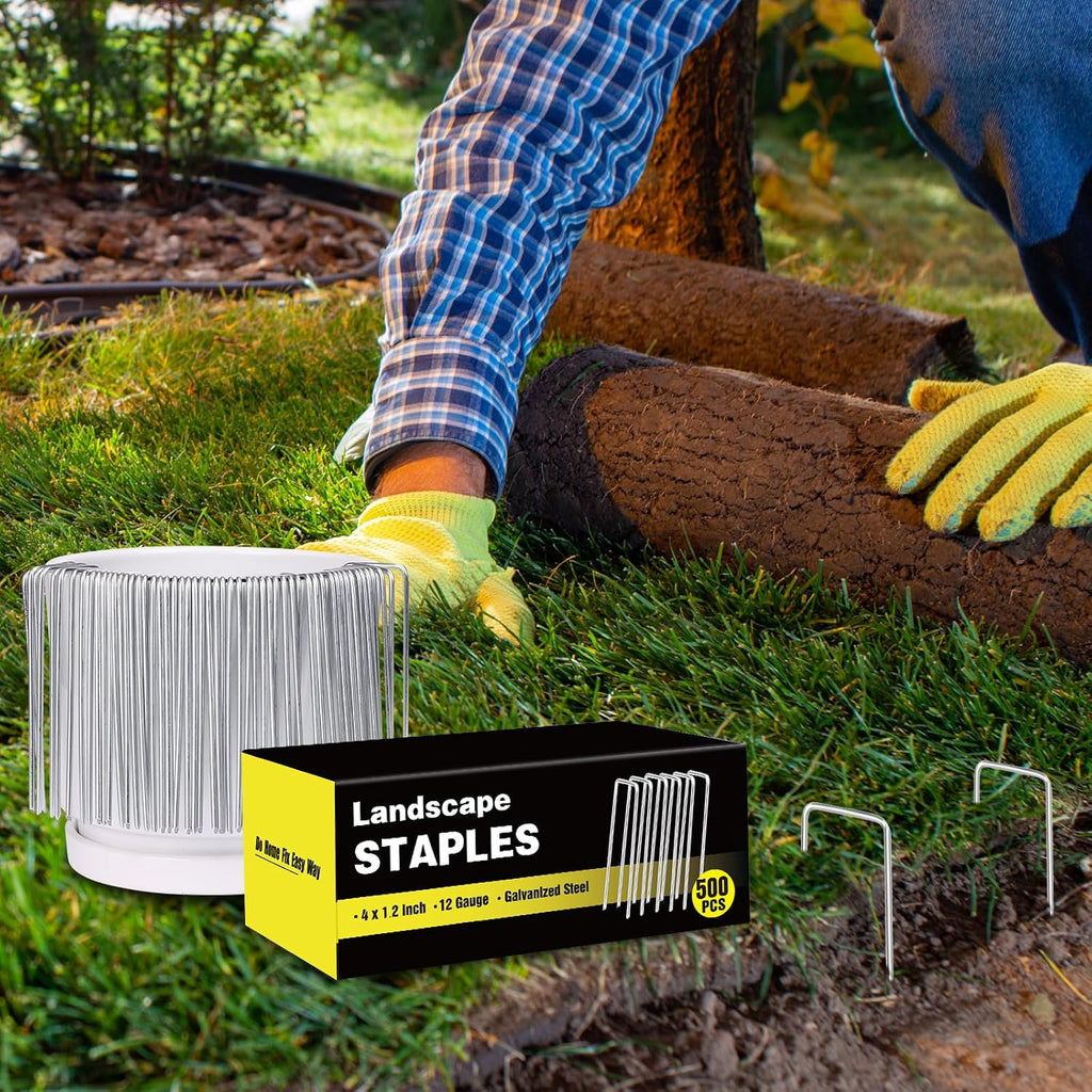 HongWay 500 Pack Landscape Staples 4 Inch, Galvanized Garden Stakes | 12 Gauge Ground Staples Sod Pins Yard Stakes for