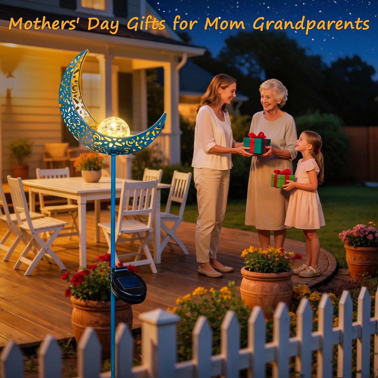 Moon Solar Garden Lights Outdoor Stakes, Waterproof Crackle Glass Metal Yard Lights for Lawn, Patio Accessories
