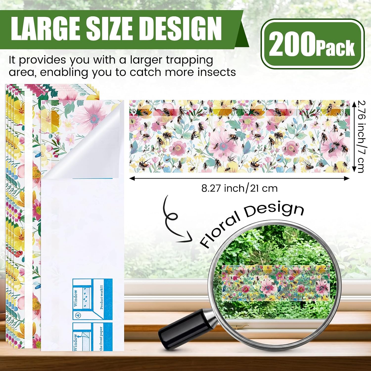 200 Pack Window Fly Traps Floral Sticky Fly Paper Indoor Clear Flies Strips Bulk Bug Catcher Waterproof Fruit Housefly