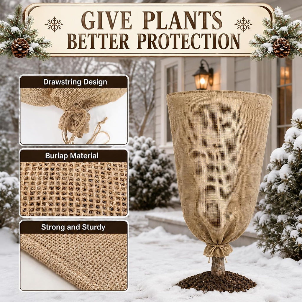 3 Pack 24'' x 40'' Reusable Warm Burlap Winter Plant Cover Bags with Drawstring Burlap Plant Covers Freeze Protection