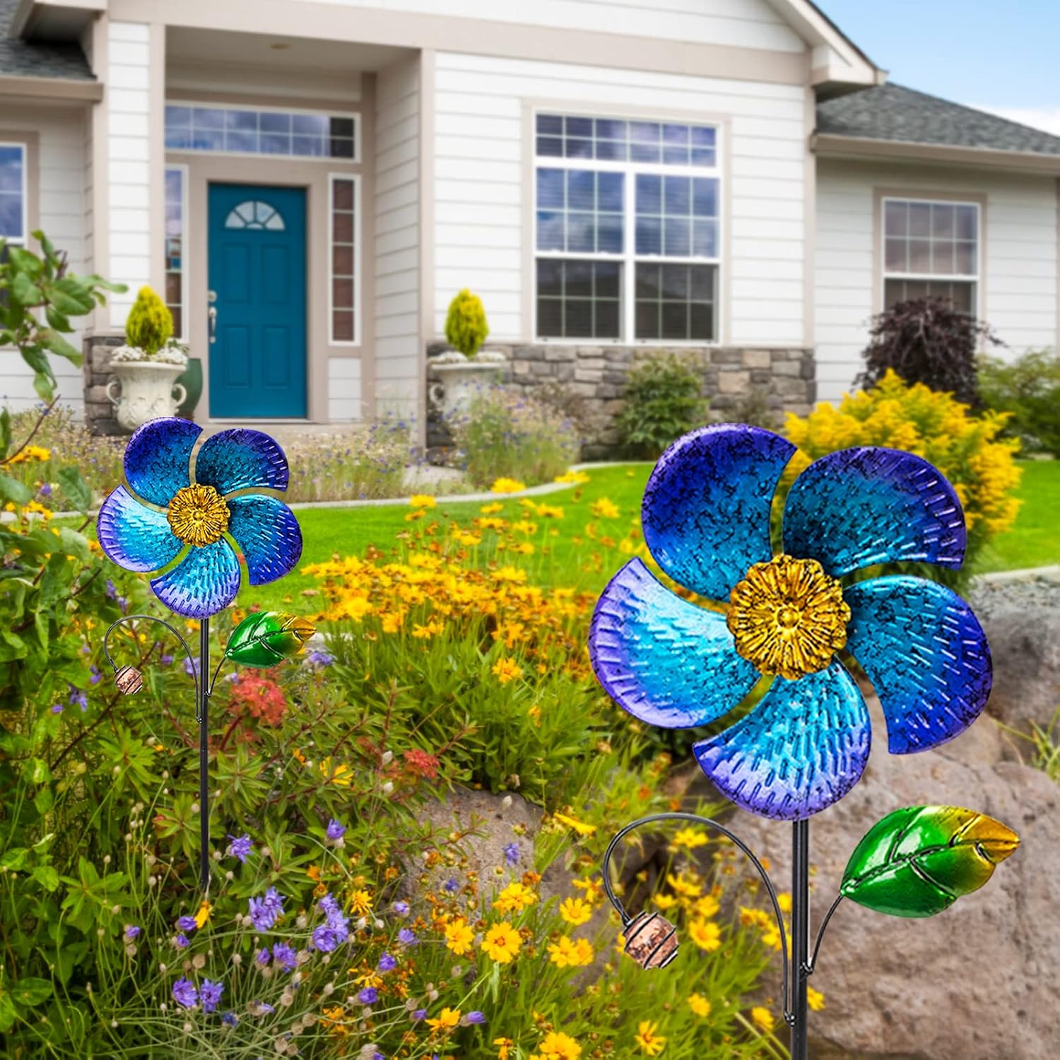 Viveta 2 Pack Wind Spinners with Metal Stake, Outdoor Garden Pinwheels | Blue Flower Shape Design Garden Spinners for