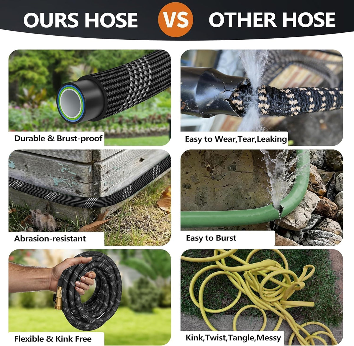 100 FT Non-Expandable Garden Hose, Lightweight Hose with 10 Function Spray Nozzle, Kink-Free Flexible Water Hose