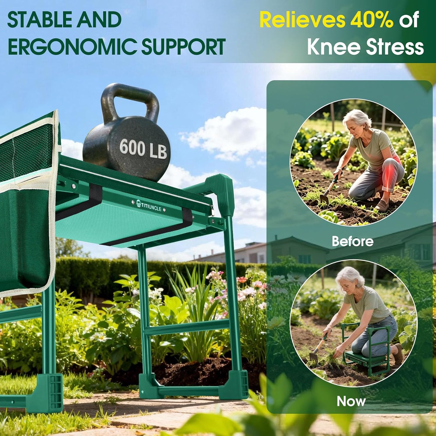 Garden Kneeler and Seat Heavy Duty 600LBS w/ Thicken Wide Soft Kneeling Pad | Foldable Garden Bench Kneeler Anti-Tip