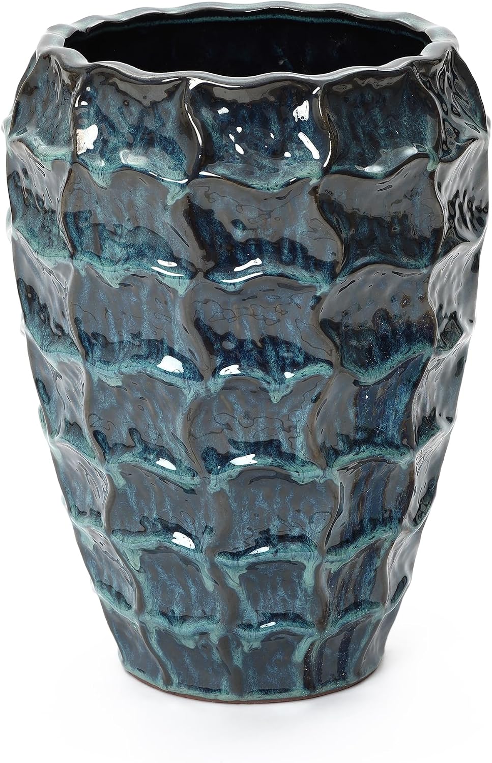 LuxenHome 17.7" Blue Ceramic Plant Pot, Tall Planter with Geometric Texture | Large Plant Pot, Flower Pots with