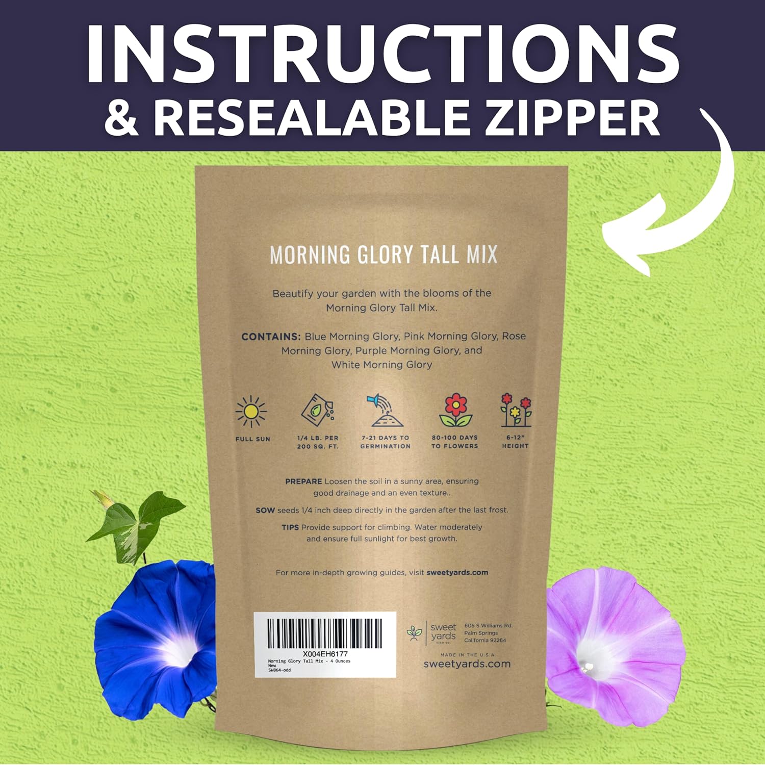 Morning Glory Tall Mix - Bulk 1/4 Pound Pouch - 3,000 Flower Seeds for Planting - Ipomoea purpurea