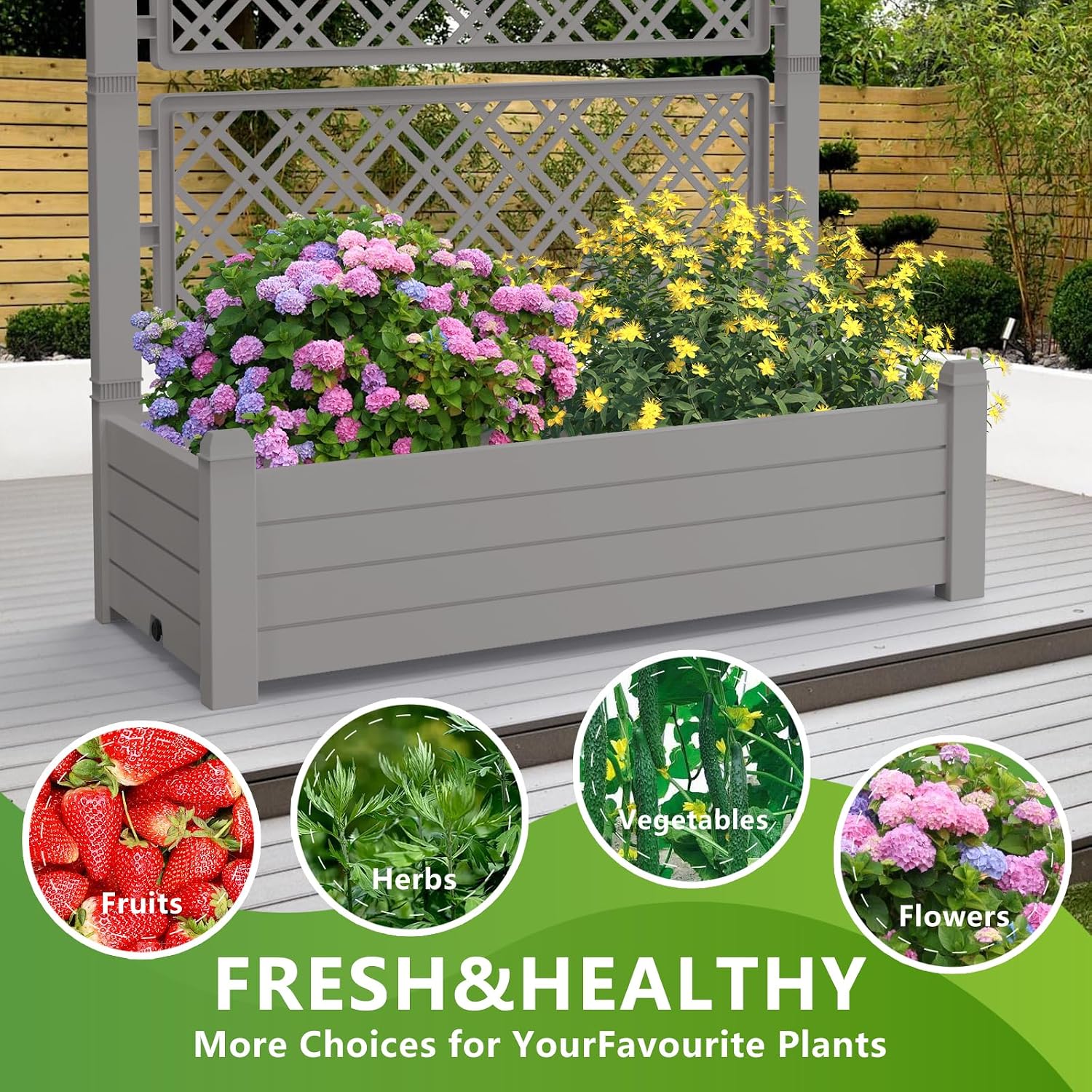 Raised Garden Bed with Trellis for Climbing Plants, Raised Herb Garden Bed with Drainage Plug & Water Level Gauge