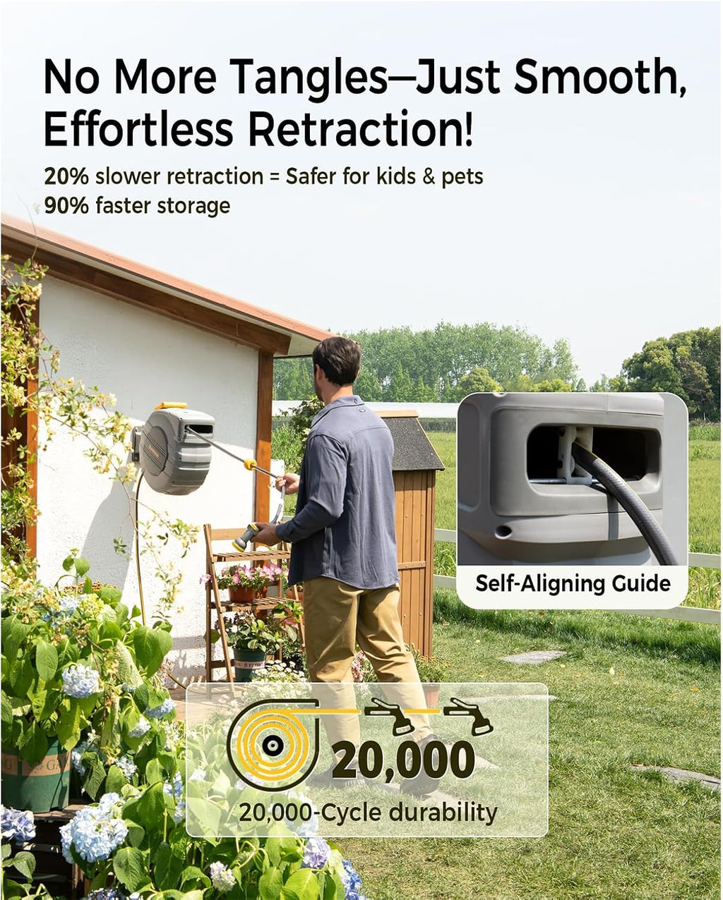 Retractable Garden Hose Reel, 5/8 in x 100 ft UV Resistant Heavy Duty Water Hose Reel with Automatic Slow Rewind & Any