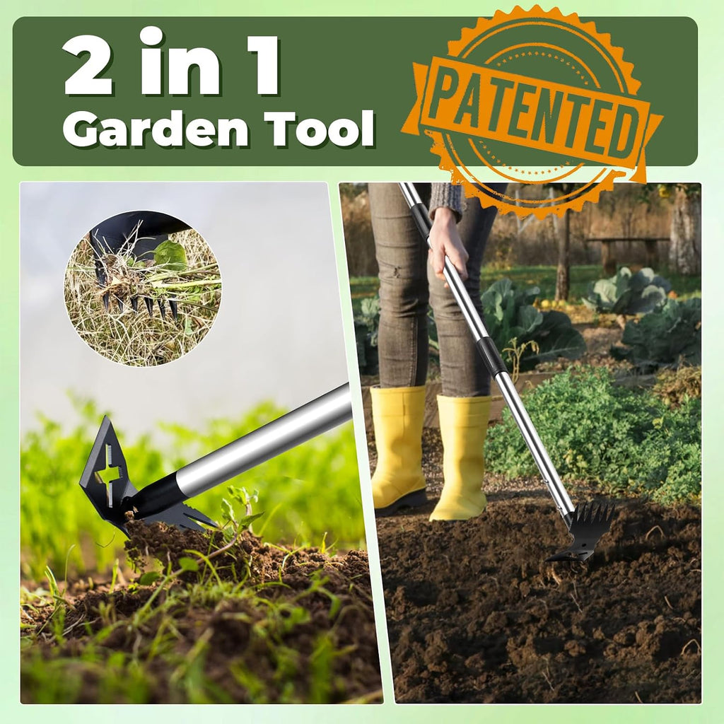 NICOFPHY Weed Puller Tool with Long Handle, Heavy Duty Garden Hoe and Rake | 60" Manual Weeder Remover Tool, 2 in 1