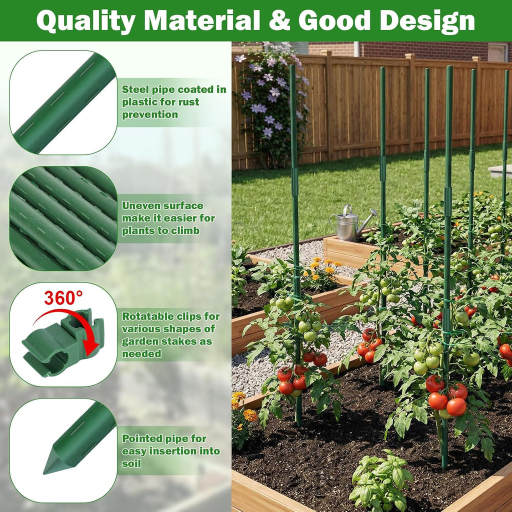 Garden Stakes 70 Pack, 16 Inch Plastic Coated Metal Tomato Stakes, DIY 4ft 5ft 6ft 7ft Plant Support Stakes with 40