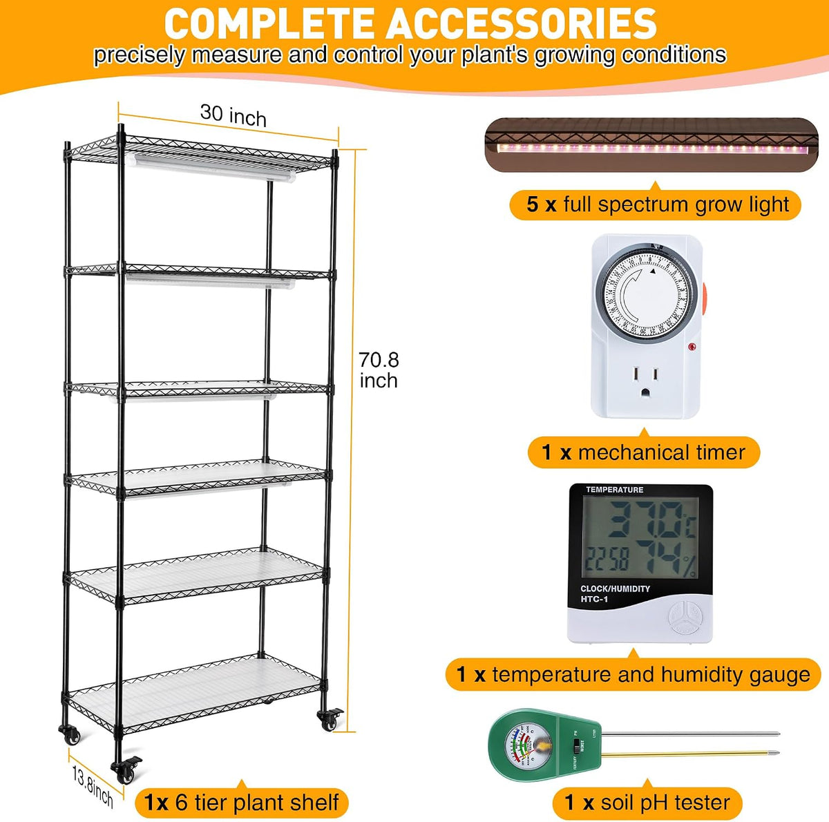 Meonum Indoor Greenhouse with Grow Lights, 6 Tier Metal Plant Shelf with Cover (30" x 13.8" x 70.8"), 5 Pack Full