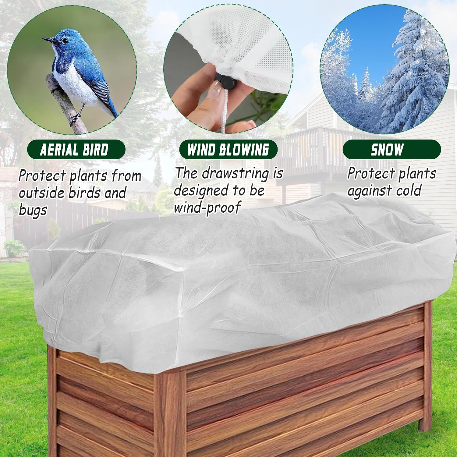 Rectangular Plant Cover Frost Big Size for 8×4×2FT Non Woven Fabric Garden Bed Cover with Zip Drawstring for Winter