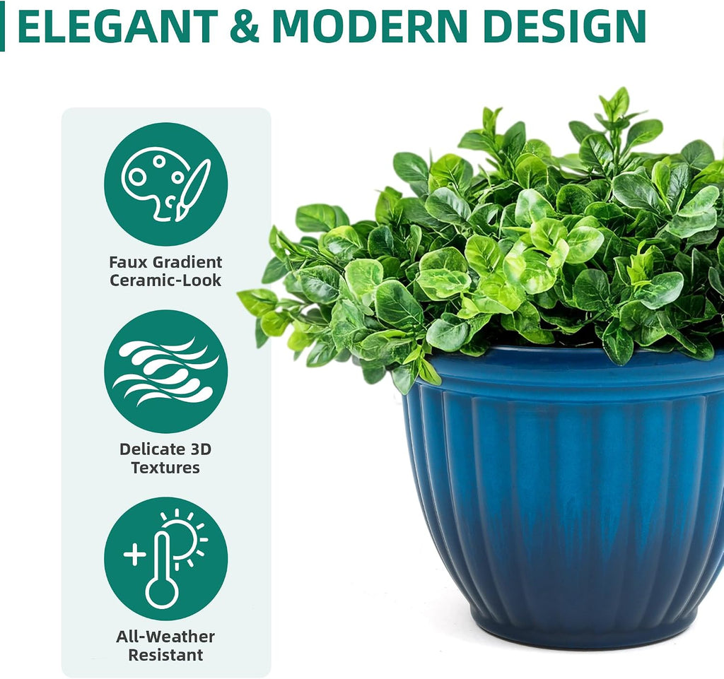 Autodaya 15" Large Planters for Outdoor Plants Set of 2 Plastic Flower Pots | Gradient Blue Finish and 3D Textures