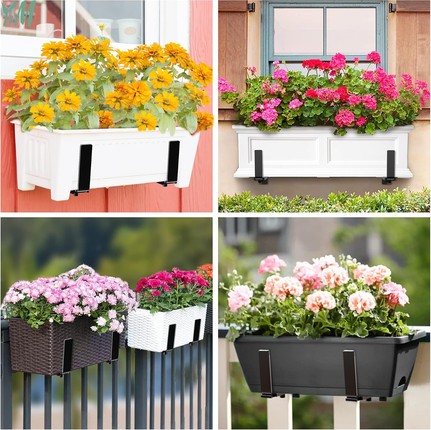 Y&M 6 Pcs Deck Railing Adjustable Planter Box Brackets (6 to 12.5 in), Universal Heavy Duty Iron Flower Box Brackets