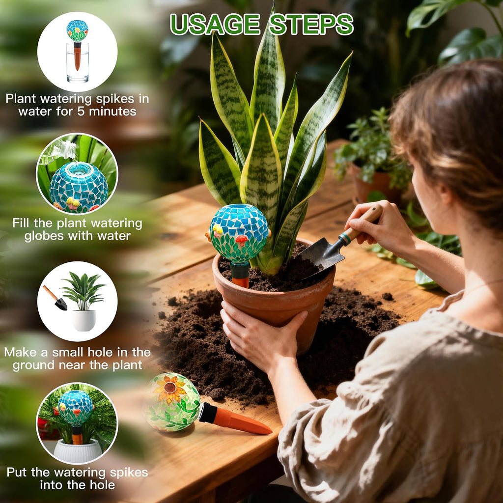 SAVENNA Mosaic Plant Watering Globes with Terracotta Spikes, 17oz Glass Self Watering Globes for Indoor & Outdoor