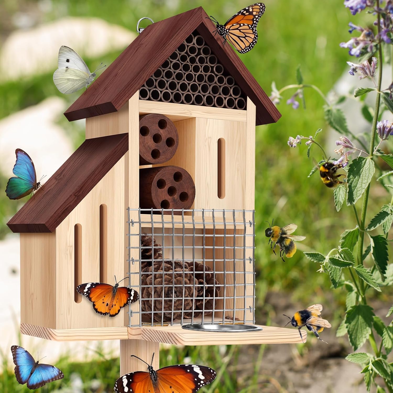 Wooden Insect Hotel Bee Ladybugs Butterfly House Large Natural Mason Bee Lady Bug Hotel with Stake and Feeder for