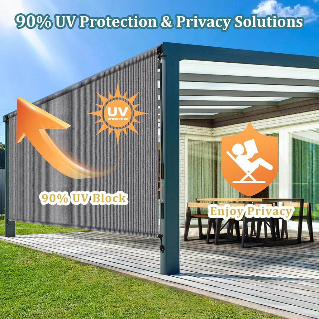 Shade&Beyond Outdoor Roller Shades with Splicing Design, 8' W x 8' H Cordless Patio Roll Up Blinds, Exterior Shade