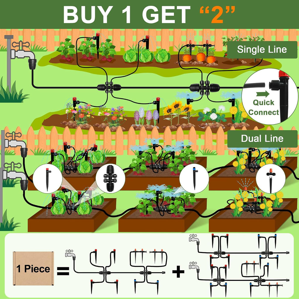 Drip Irrigation Kit for Garden, Quick-Connect Plant Watering System 150FT | Raised Bed Drip Line Kit, Greenhouse