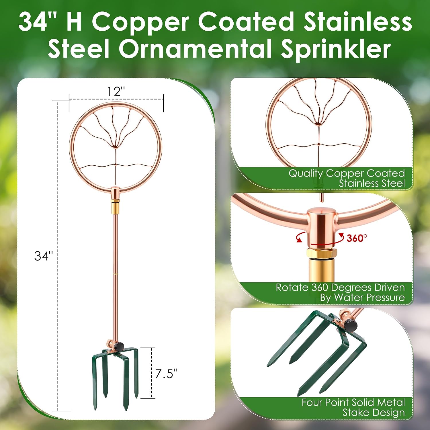 34" Ornamental Sprinkler, 360° Rotating, Wave Fan | Copper coated stainless steel, fits 3/4 in hose, 4-point stake
