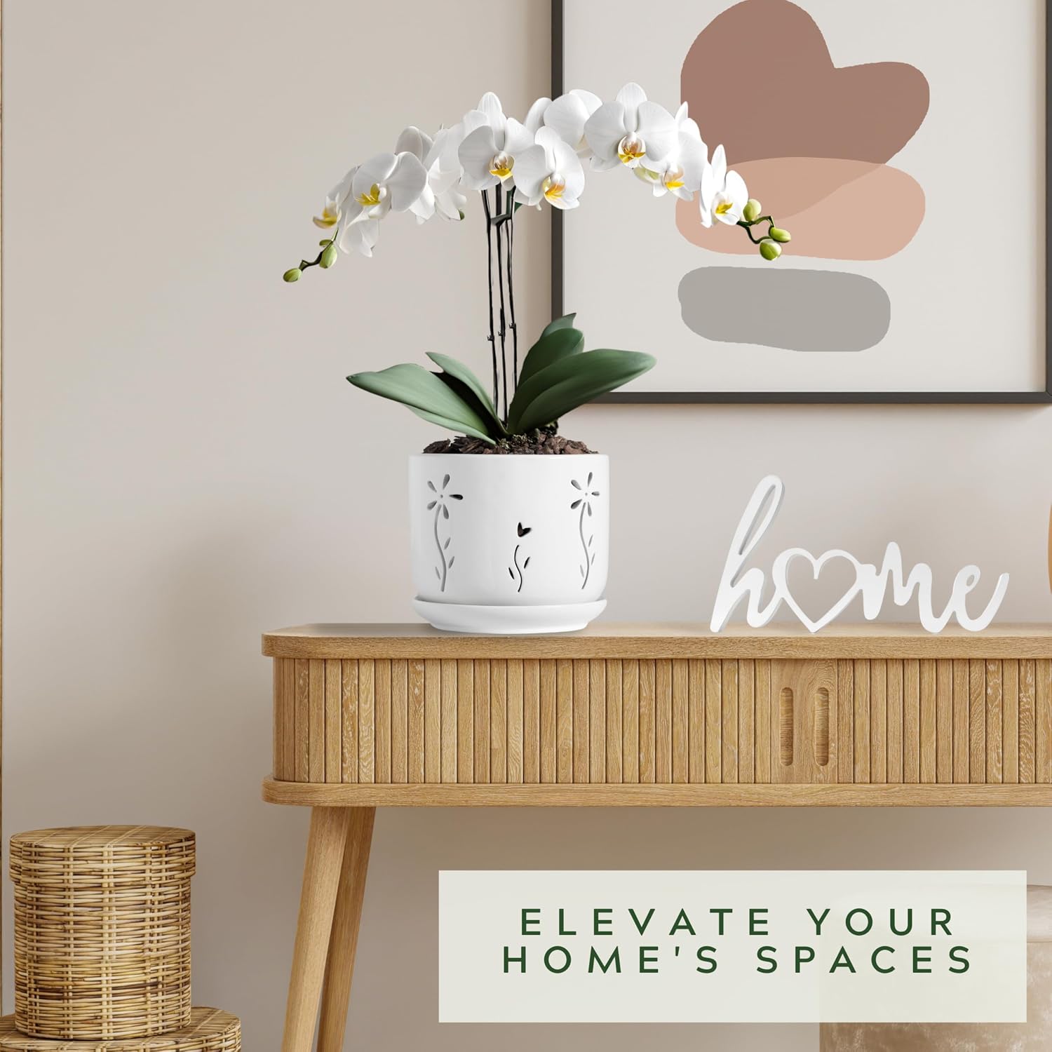 2 Pack, 5 + 6 Inch White Orchid Pots with Holes and Saucer, Ceramic Orchid Planters for Repotting with Drainage Holes