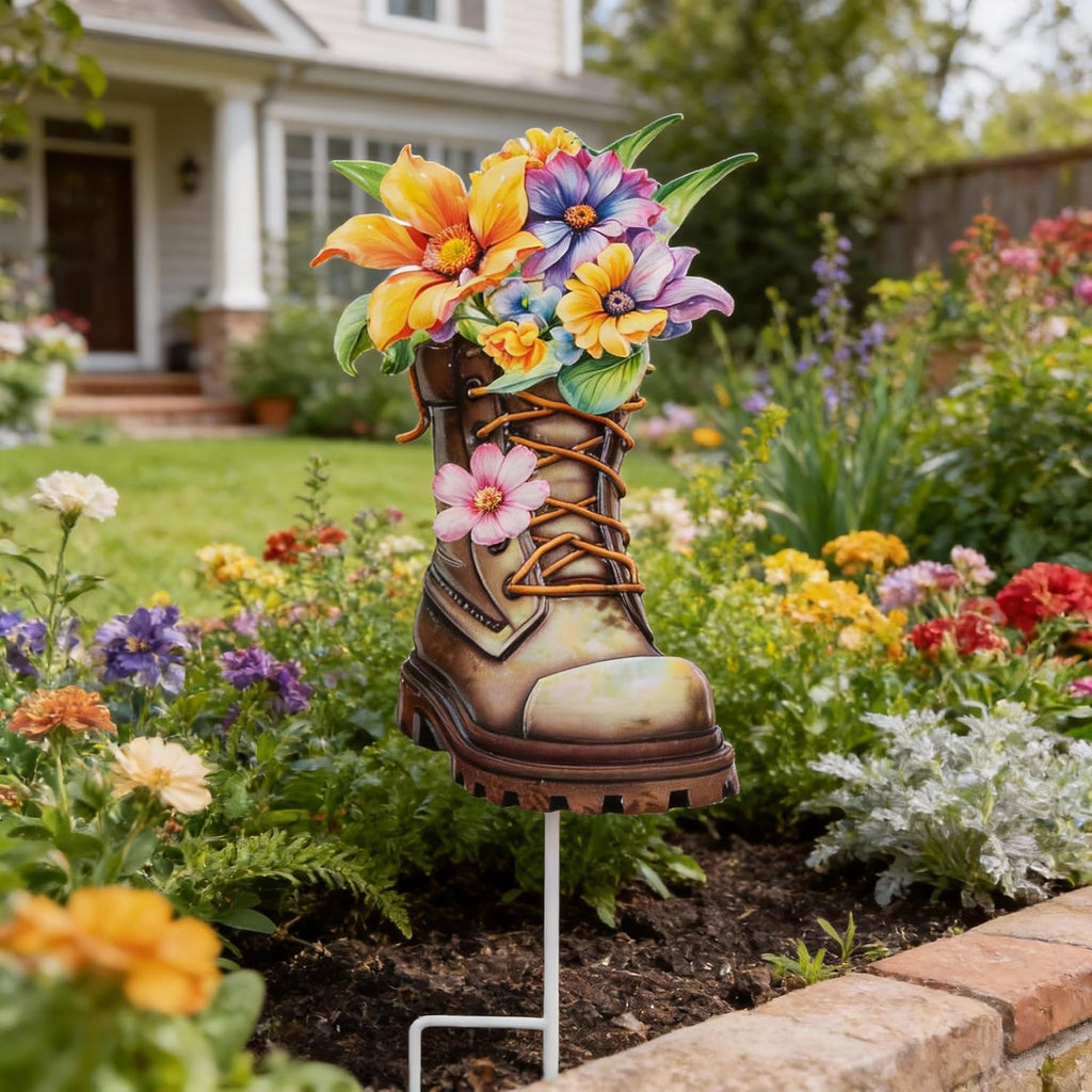 Garden Decor for Outside, 23" Decorative Garden Stake Metal Boot Flowers | Yard Art Stake for Outdoor Lawn Backyard