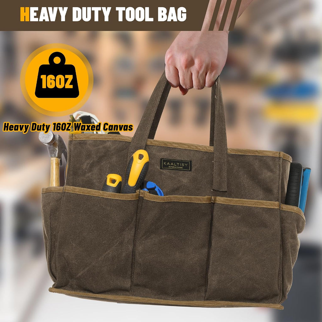 16OZ Waxed Canvas Tool Tote Bag for Garden Tools Wrench Set & Screwdrivers | 11-Pocket Garden Tool Bag with Portable