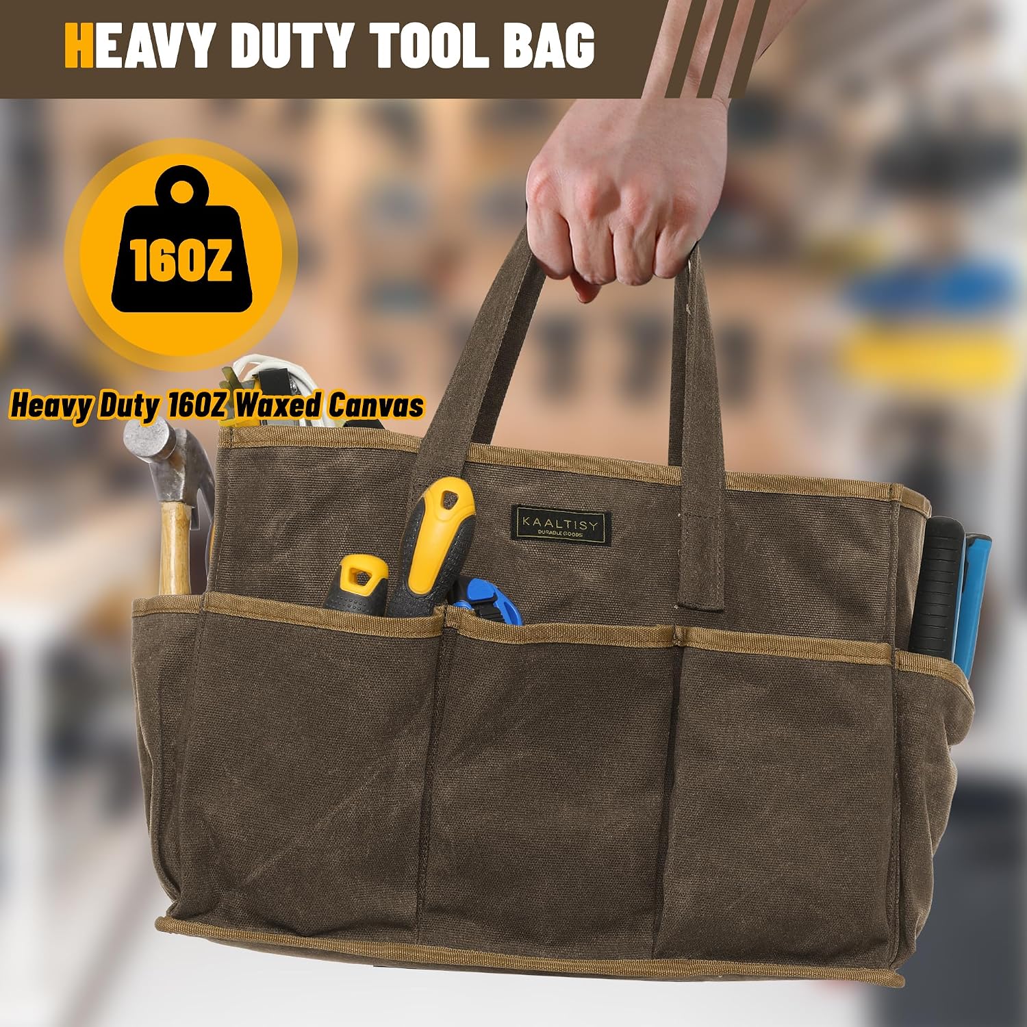 16OZ Waxed Canvas Tool Tote Bag for Garden Tools Wrench Set & Screwdrivers | 11-Pocket Garden Tool Bag with Portable