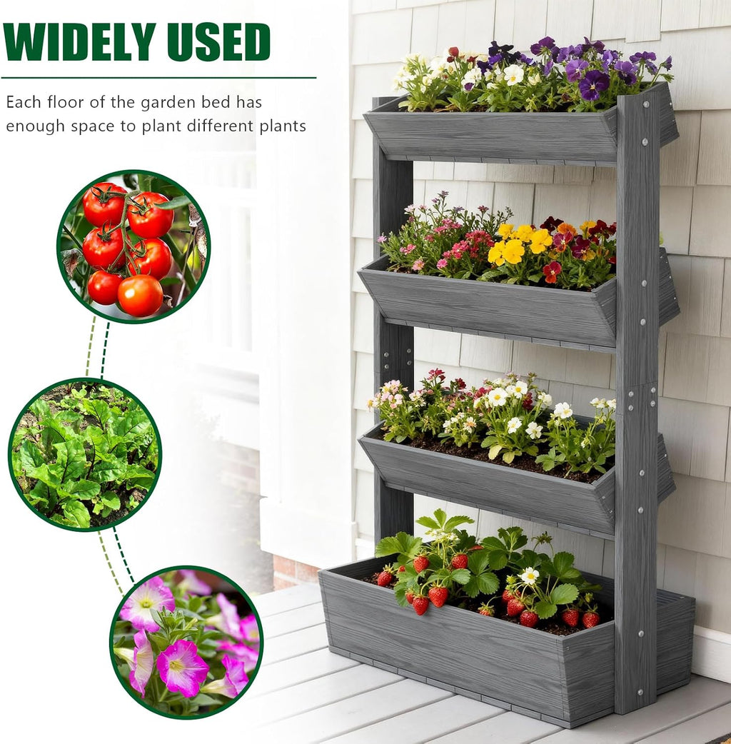 SUNYRISY 4 Tiers Vertical Raised Garden Bed Outdoor Planter Tower | Wooden Freestanding Planter Box for Planting Herbs