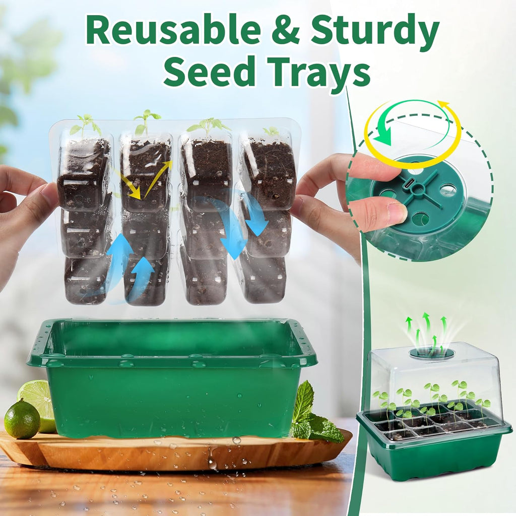 4-Pack Seed Starter Tray with Grow Light and Heat Mat, 48 Cells Seed Starter Kit with Adjustable Humidity Dome and