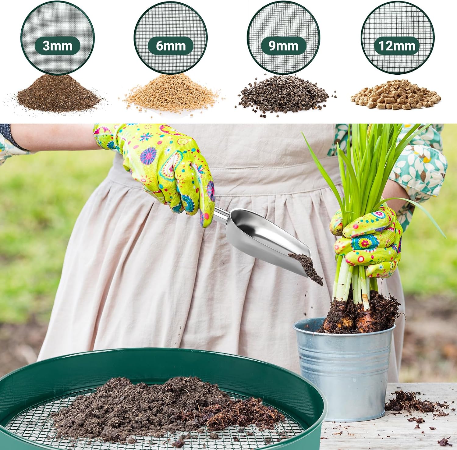 Soil Sifter for Gardening, 12" Green Soil Sifter Potting Sieve with Shovel and 4 Fine Screens for Sand Dirt, Sand