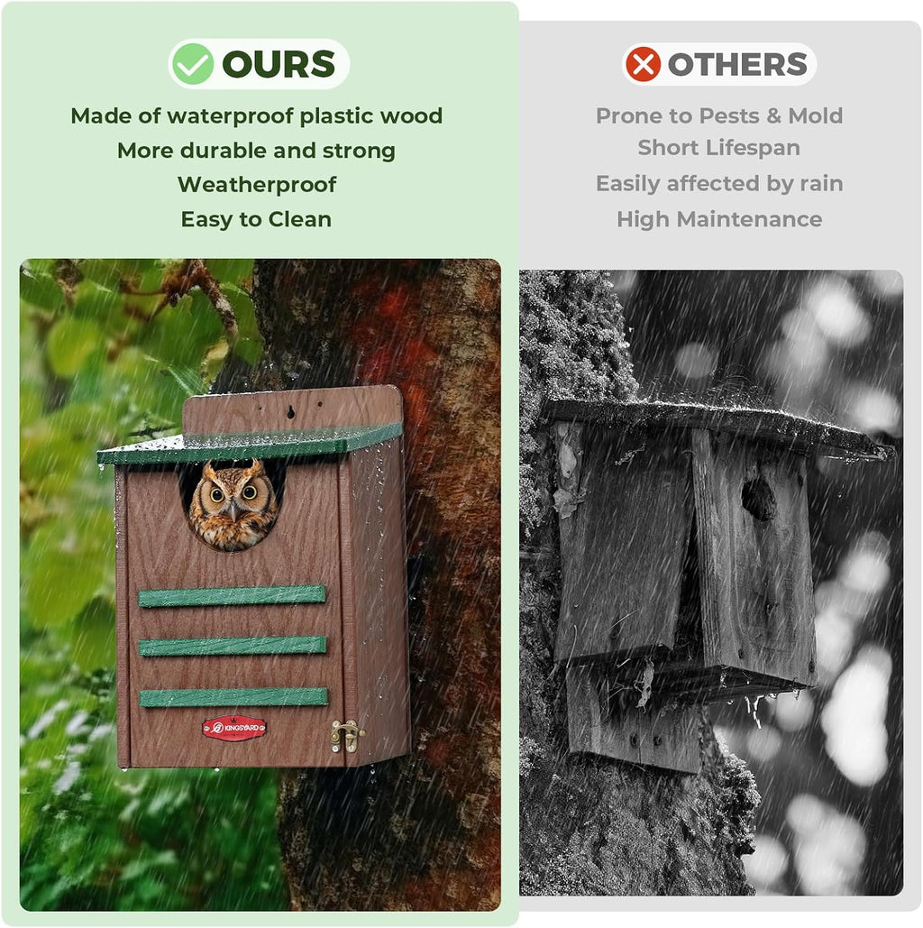 Kingsyard Large Recycled Plastic Wooden Owl House, Waterproof Screech Owl Bird Boxes for Outside, Owl Nesting Box Kit