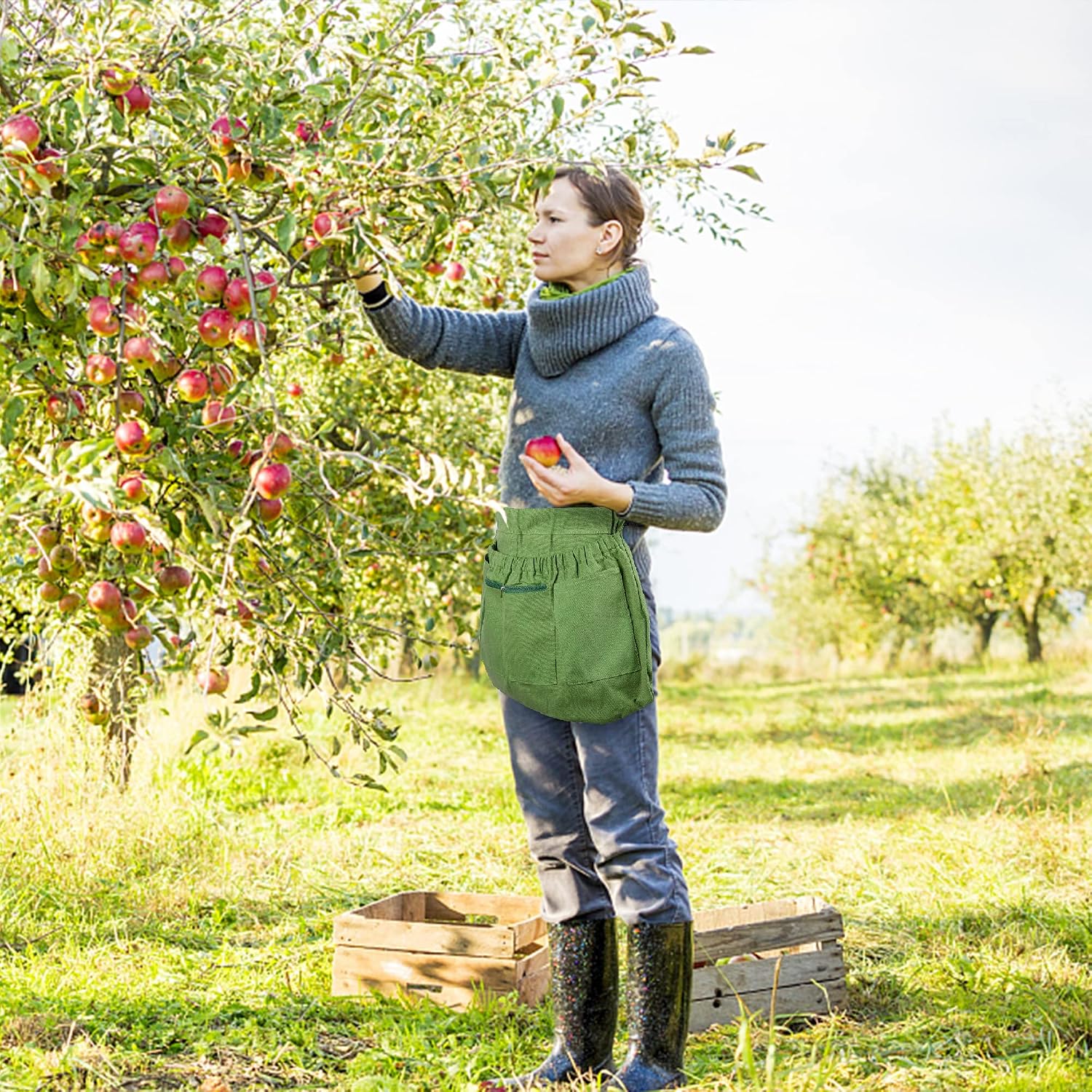 codree Harvest Apron for Garden Vegetable-Adjustable Harvest Picking Apron with 4 Pockets for Gardeners Pick Fruit
