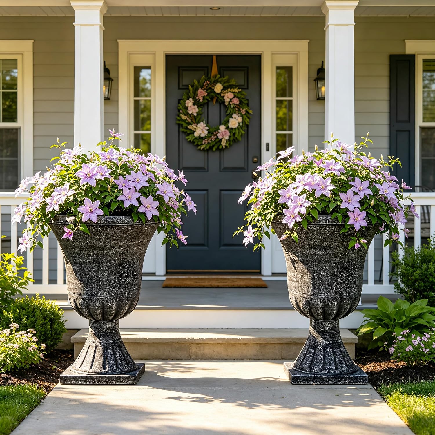 Autodaya 22" Tall Urn Planters for Outdoor Plants Set of 2 Large Flower Pot | 3D Textured Washed Black Pedestal Outdoor