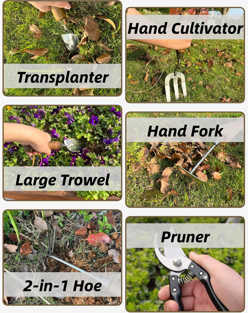 Garden Tool Set, 6PCS Heavy Duty Stainless Steel Gardening Hand Tools with Ropes, Includes Hand Cultivator Shovel