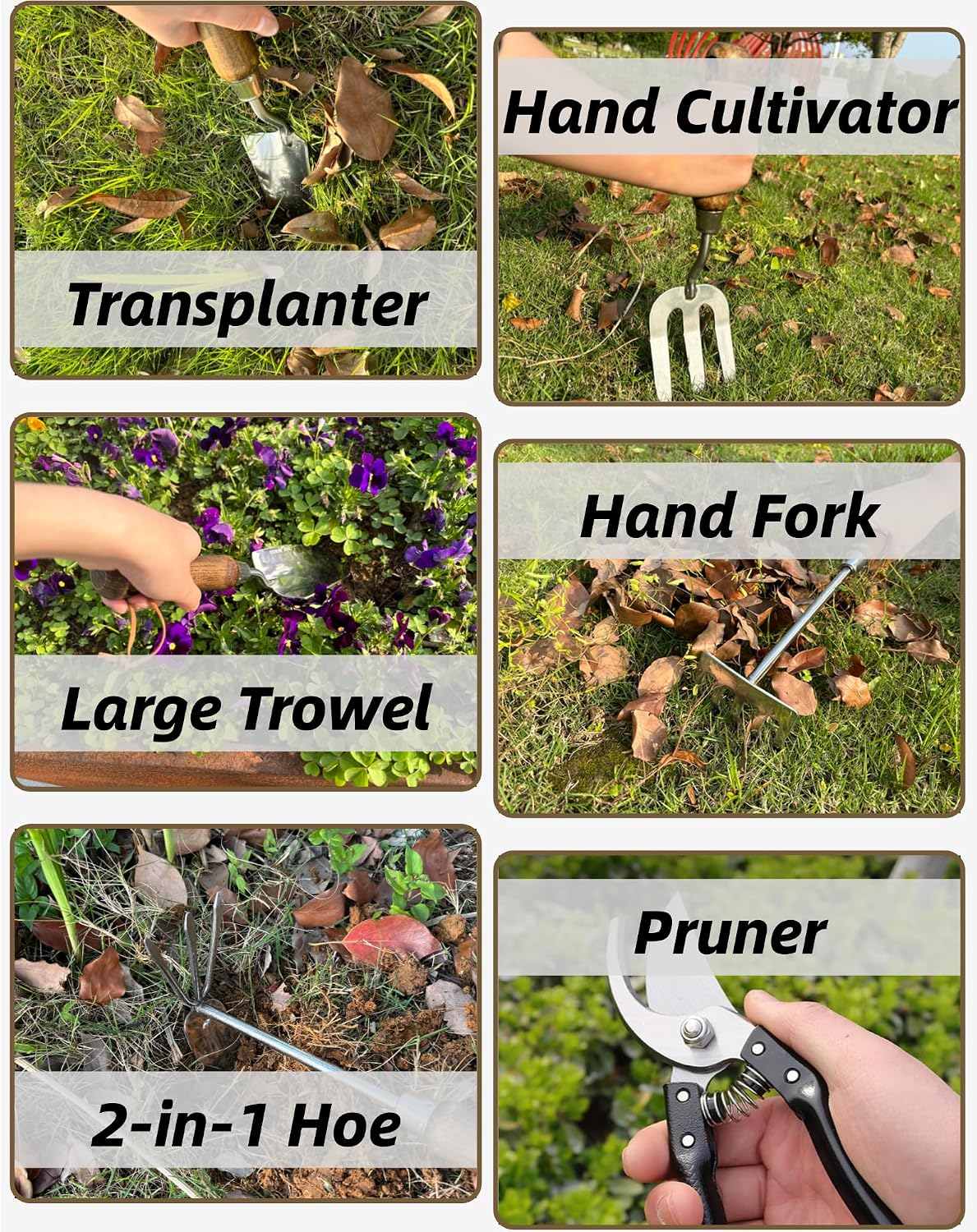 Garden Tool Set, 6PCS Heavy Duty Stainless Steel Gardening Hand Tools with Ropes, Includes Hand Cultivator Shovel