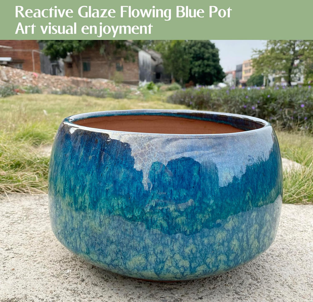 Reactive Glaze Peacock Color 11" Ceramic Plant Pot，Large Flower Pot Planter | Artisan Blue Pot with Drainage Hole