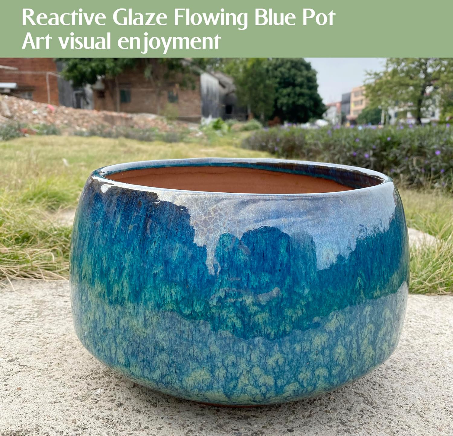 Reactive Glaze Peacock Color 11" Ceramic Plant Pot，Large Flower Pot Planter | Artisan Blue Pot with Drainage Hole