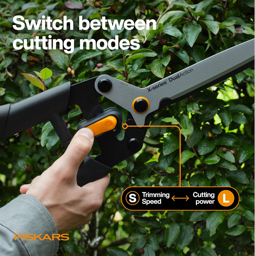 Fiskars 25" DualAction Hedge Shears, 2-in-1 Fast or Powerful Trimming | Cuts Through Thin & Thick Branches of Hedges &