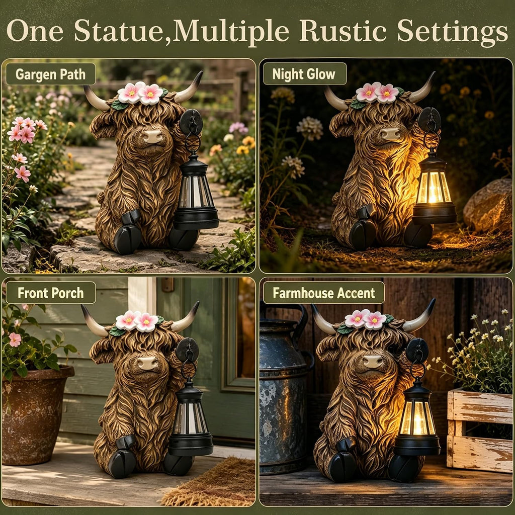 Solar Highland Cow Outdoor Garden Statue, Waterproof Resin Highland Cow Figurines with Lantern, Yard Animal Decorations